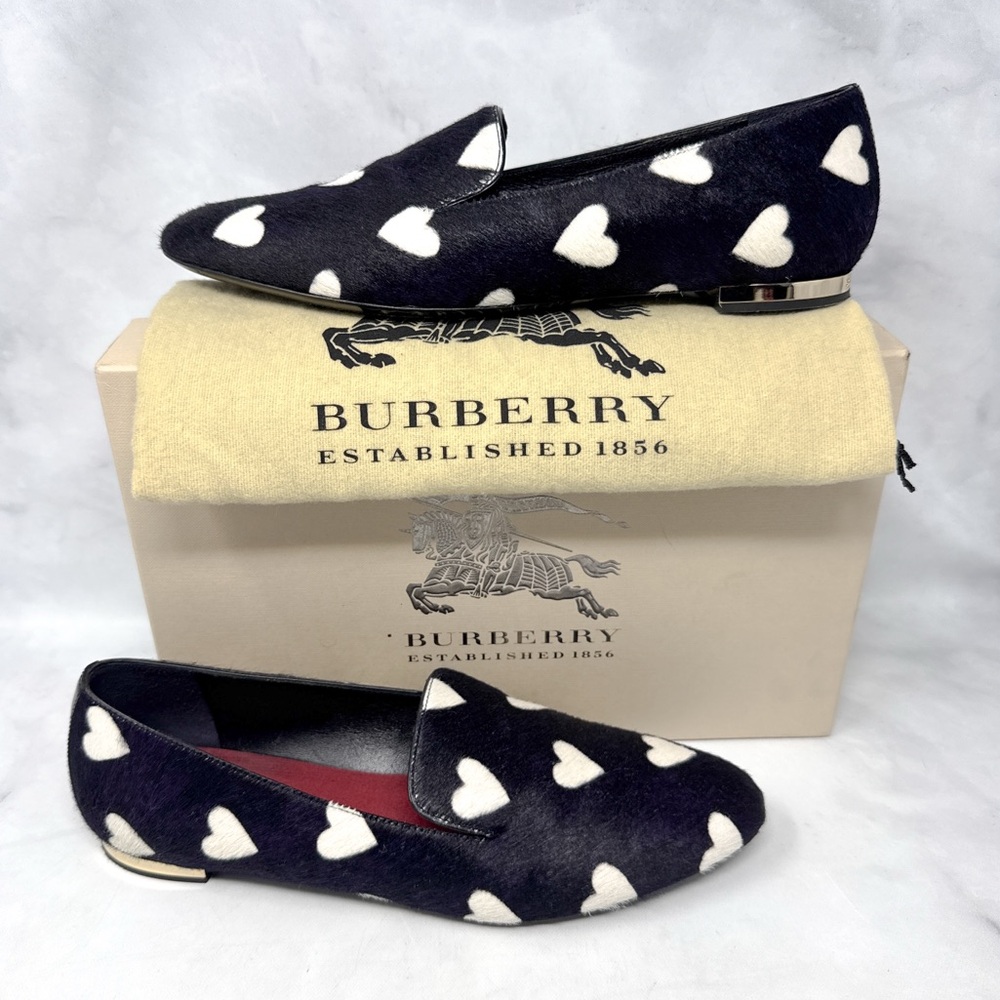 Burberry Prorsum Heart Pony Calf Hair Smoking Loafer Flat Shoes Designer Navy 39